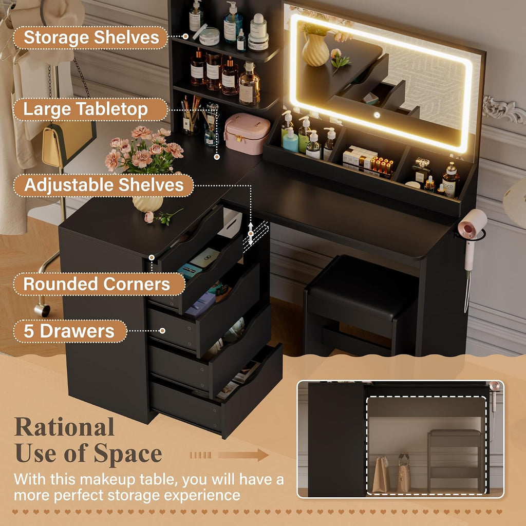 JUMMICO Makeup Vanity Desk with Mirror and Lights, L- Shaped Vanity, Modern Vanity Table with 5 Drawers & Adjustable Shelves, Power Outlet with Fast Charging, for Bedroom (Black)