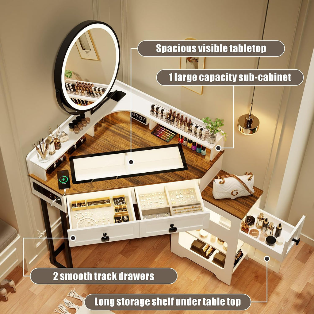 FREDEES Makeup Vanity with Mirror and Lights, Corner Vanity Table with Charging Station for Bedroom/Cloakroom, Glass Top Vanity Set with Drawers and Shelves, White