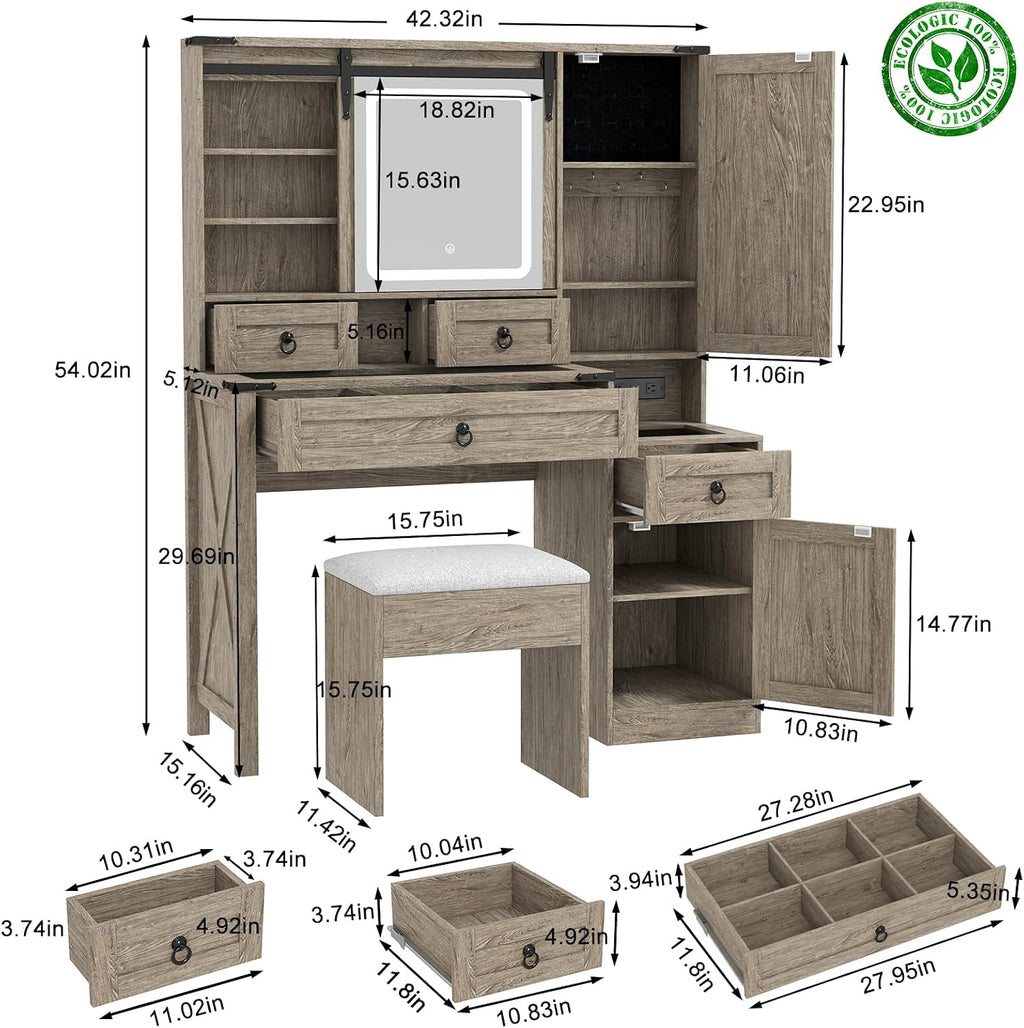 Farmhouse Makeup Vanity Desk with Sliding Mirror and Lights, 42' Glass Top Vanity Table with Charging Station & 4 Drawers & 2 Cabinets, Vintage Vanity Set for Bedroom, Driftwood Gray
