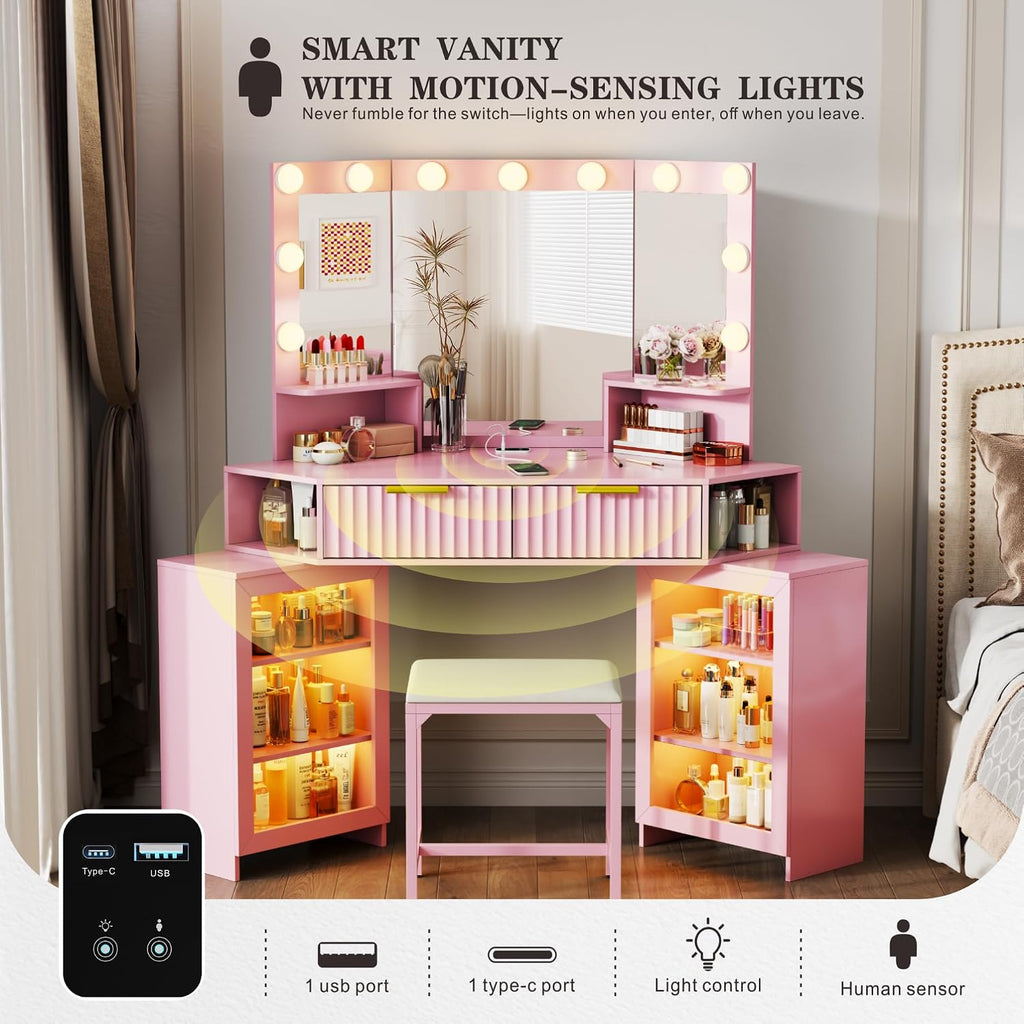 Vanity Desk with Charging Station & LED Lights Mirror – Corner Design HD Triple Mirror Makeup Vanity Table Set with Storage Drawers & Chair for Living Room/Bedroom Ideal Gift (Pink)