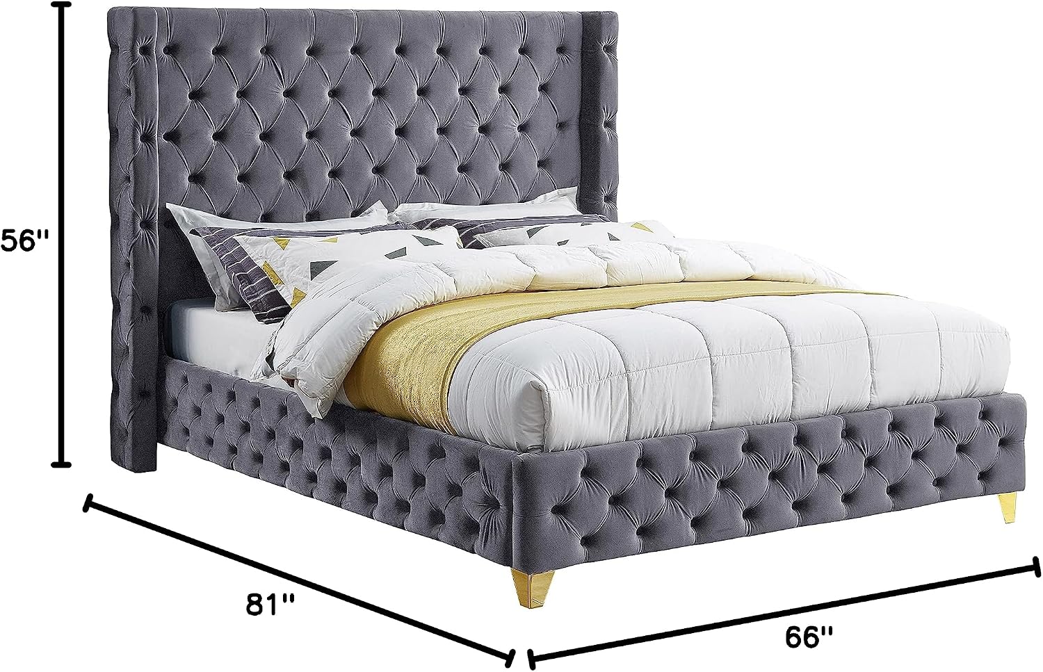 Meridian Furniture SavanGrey-F Savan Collection Modern | Contemporary Velvet Upholstered Bed with Deep Button Tufting in Gold or Chrome Finish, 66' W x 81' D x 56' H, Grey, Full
