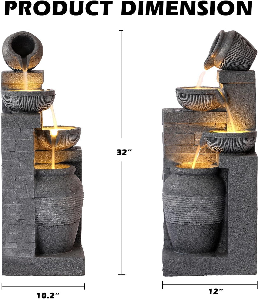 Grepatio Outdoor 4-Tiers Water Fountain, Garden Cascading Waterfalls Fountain with LED Lights, 32' H Modern Indoor/Outdoor Bowl Waterfall Feature Water Fountains for Garden, Patio, Yard Decor (Grey)