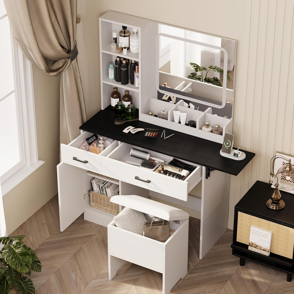 Esmlada Farmhouse Makeup Vanity Desk with Mirror and Lights, Vanity Desk Table Set with Storage Bench, Power Outlet, for Bedroom, Black