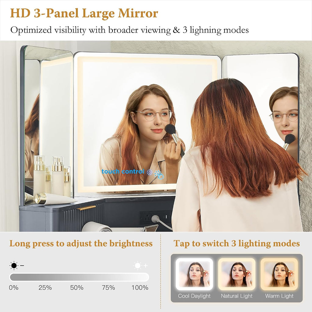 T4TREAM Corner Vanity Desk with Mirror and Lights, 48' Modern Fluted Makeup Vanity with Glass Top, 3-Panel Lighted Mirror & Charging Outlet, Dressing Table with 3 Drawers & 2 Cabinets, Dark Grey