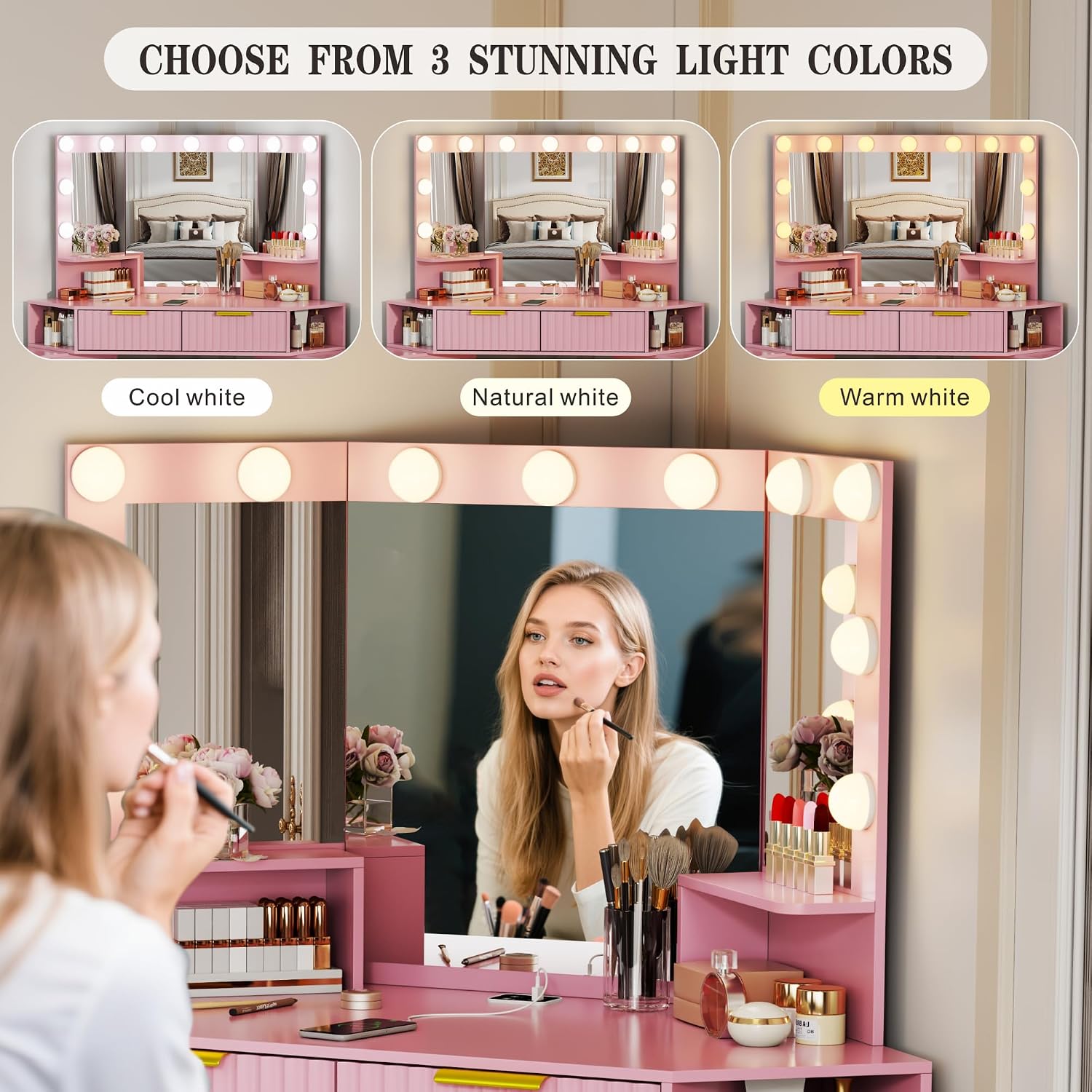 Vanity Desk with Charging Station & LED Lights Mirror – Corner Design HD Triple Mirror Makeup Vanity Table Set with Storage Drawers & Chair for Living Room/Bedroom Ideal Gift (Pink)