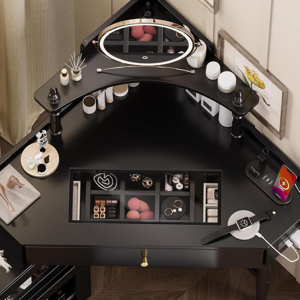 Corner Vanity Desk Set with Storage Cushioned Stool and Charging Station, Triangle Makeup Desk with Removable Pull Out Side Cabinet, Glass Tabletop Makeup Vanity Desk with Drawer and Shelf, Black