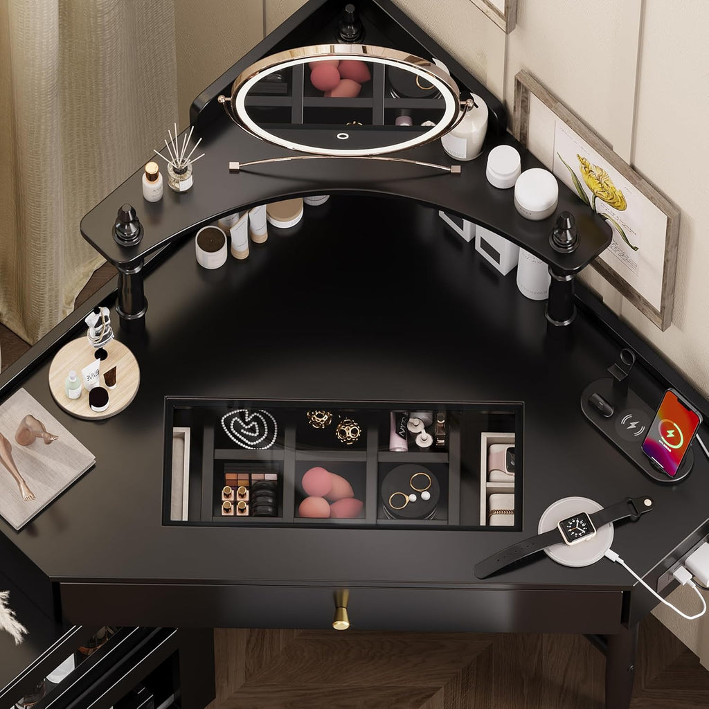 Corner Vanity Desk Set with Storage Cushioned Stool and Charging Station, Triangle Makeup Desk with Removable Pull Out Side Cabinet, Glass Tabletop Makeup Vanity Desk with Drawer and Shelf, Black