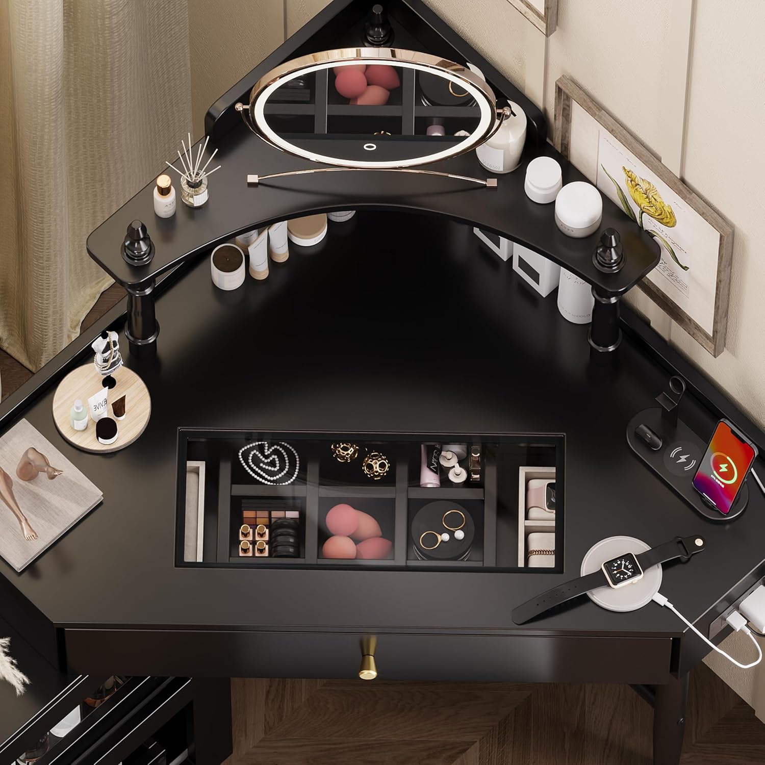 Corner Vanity Desk Set with Storage Cushioned Stool and Charging Station, Triangle Makeup Desk with Removable Pull Out Side Cabinet, Glass Tabletop Makeup Vanity Desk with Drawer and Shelf, Black