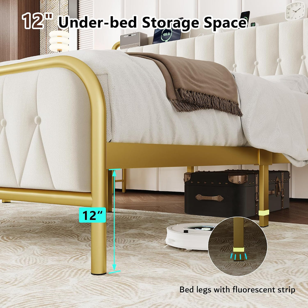 iPormis Full Size Metal Bed Frame with Charging Station, Velvet Upholstered Headboard and Footboard, Heavy Duty Steel Support, 12' Under Bed Storage, No Box Spring Needed, Easy Assembly, Beige