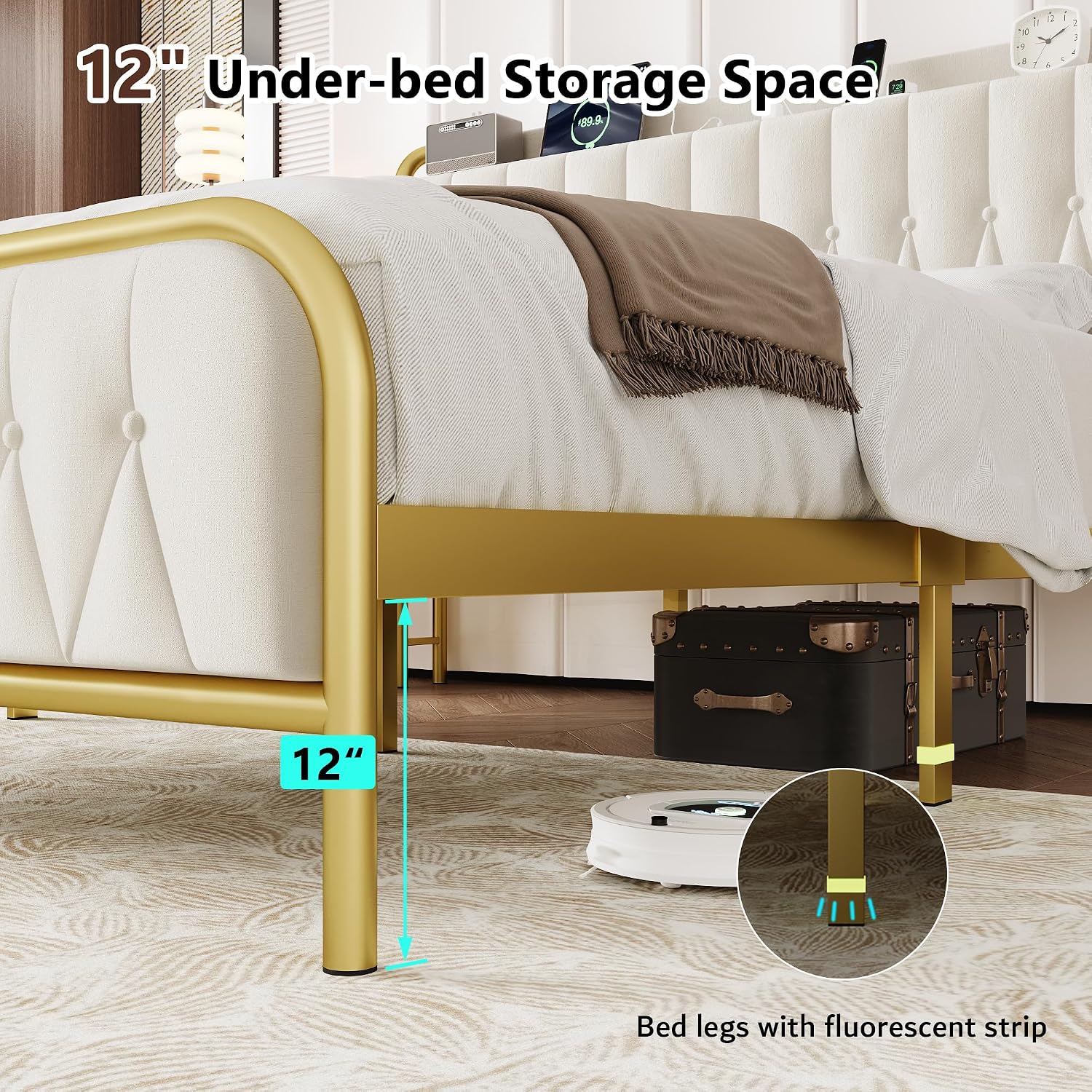 iPormis Metal Bed Frame Queen Size with Charging Station, Velvet Upholstered Headboard and Footboard, Heavy Duty Steel Support, 12' Under Bed Storage, No Box Spring Needed, Easy Assembly, Beige