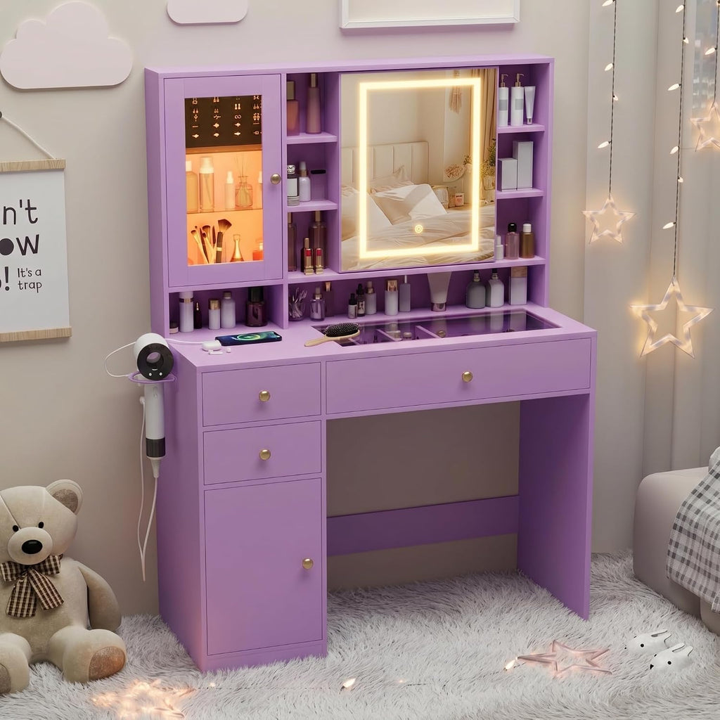 Makeup Vanity Desk with Mirror and Lights, Purple Vanity with Glass Top, Jewelry Storage, Power Outlets, 3 Drawers & 2 Cabinets, Adjustable LED Lighting, Dressing Table for Women & Girls Bedroom