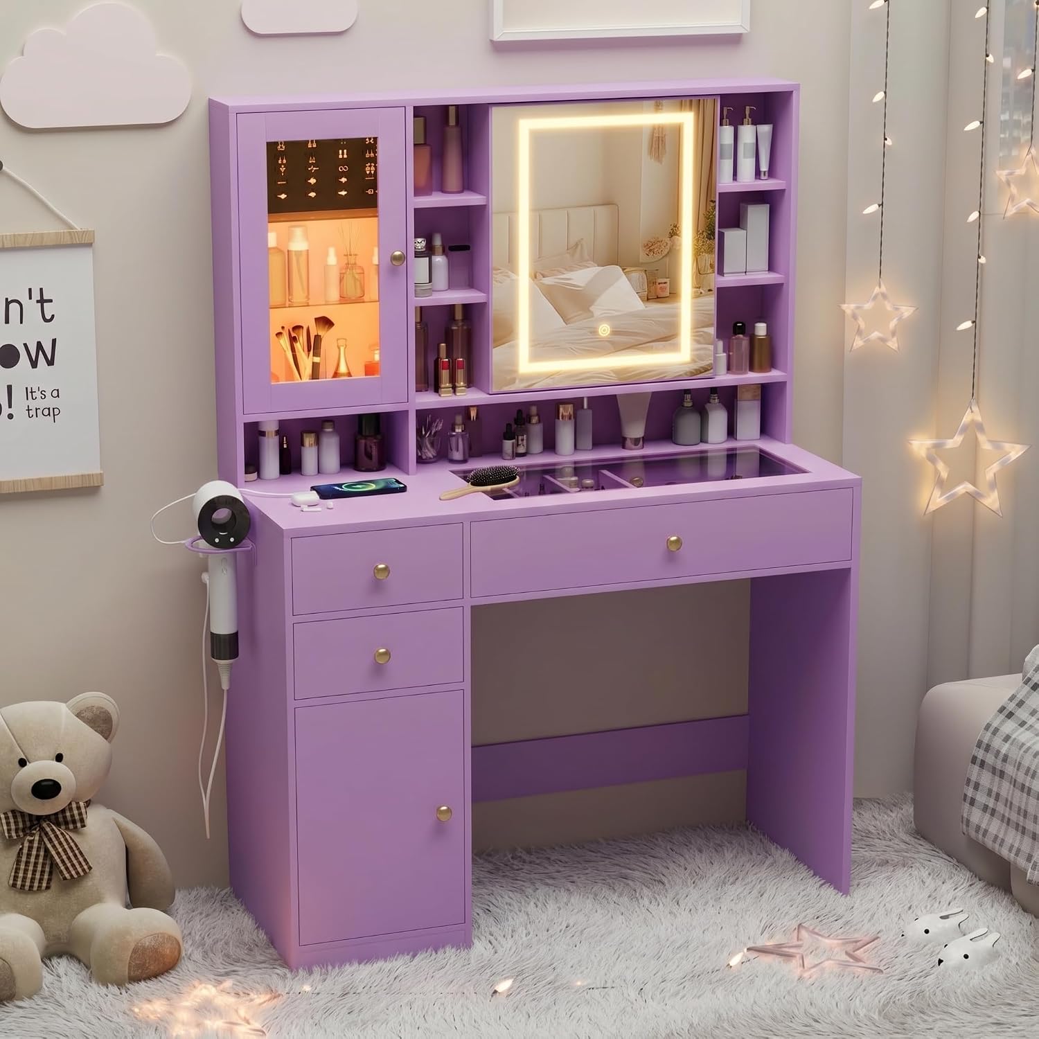 Makeup Vanity Desk with Mirror and Lights, Purple Vanity with Glass Top, Jewelry Storage, Power Outlets, 3 Drawers & 2 Cabinets, Adjustable LED Lighting, Dressing Table for Women & Girls Bedroom