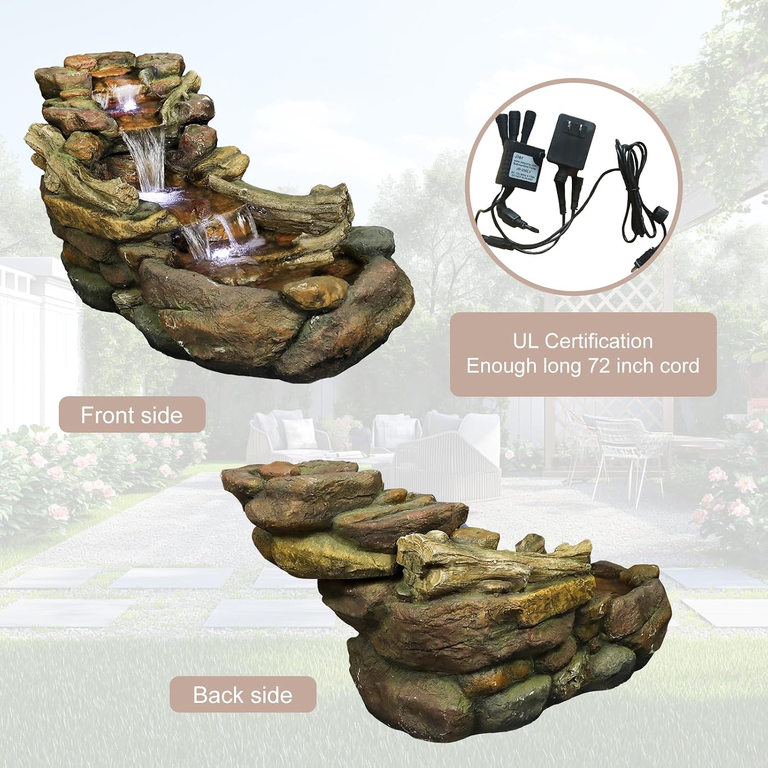 Naturefalls 39' Length Outdoor Rock Water Fountain with LED Lights - 3-Tiers Poly-Resin Cascading Waterfall Fountain for Garden, Patio, Yard, Home Decor
