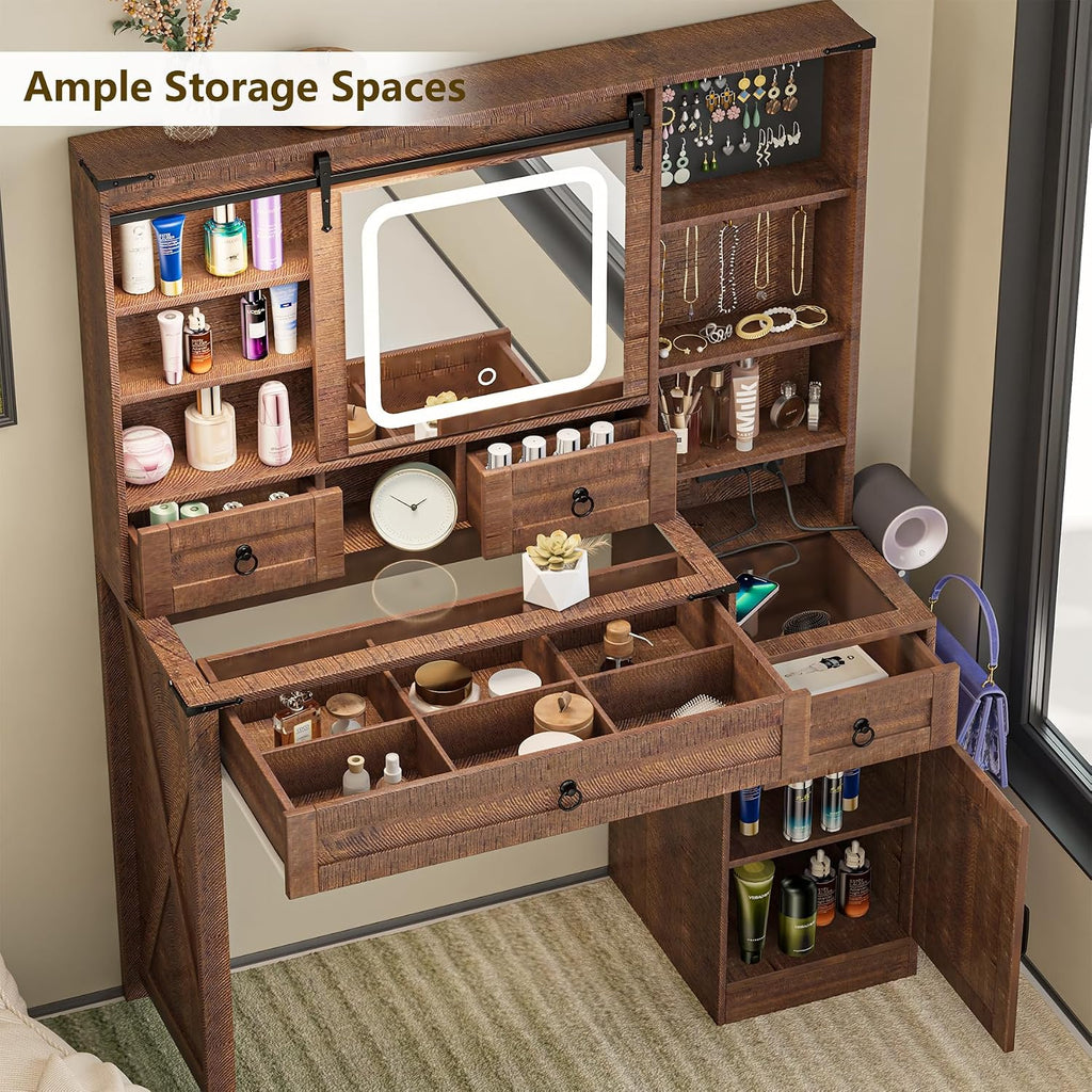 Farmhouse Vanity Desk with Mirror and Lights, 42' Glass Top Makeup Vanity with Charging Station & Jewelry Cabinet, 4 Drawers, Adjustable Shelves & Stool, Vintage Brown