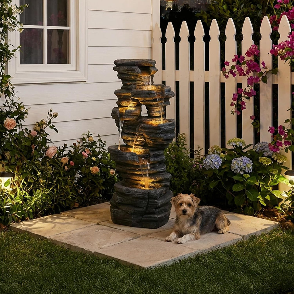Bumilgar 42.5' H Garden Outdoor Water Fountain with LED Lights & Pump, Mutiply-Tier Cascading Outdoor Fountain for Garden,Patio,Porch,Backyard,Home Art Decor