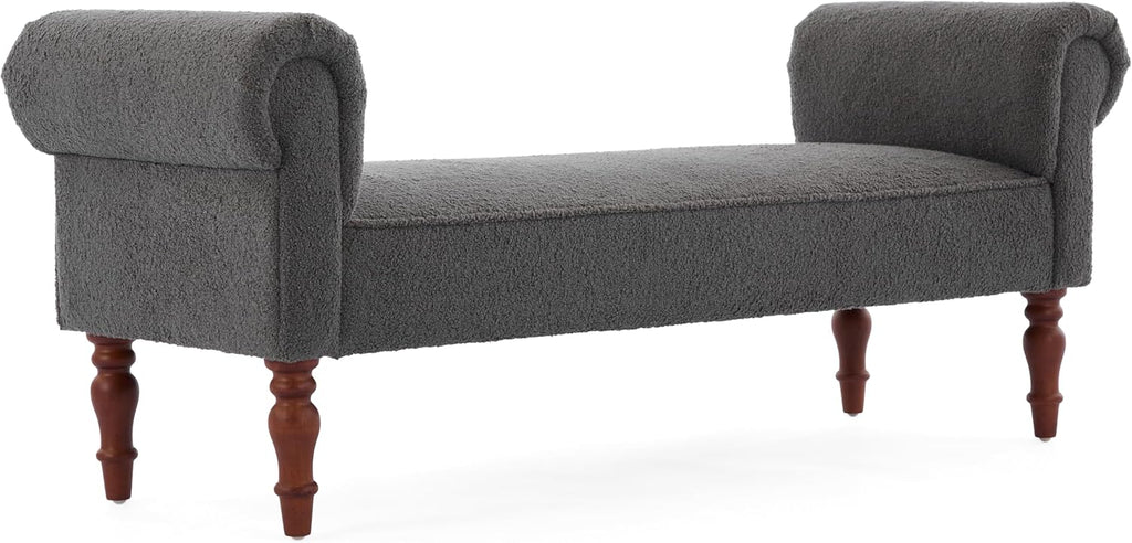 Merax 59' Upholstered Teddy Bench with Rolled Arms, End of Bed Bench with Cushion & Solid Wood Legs for Bedroom, Living Room, Entryway, Grey
