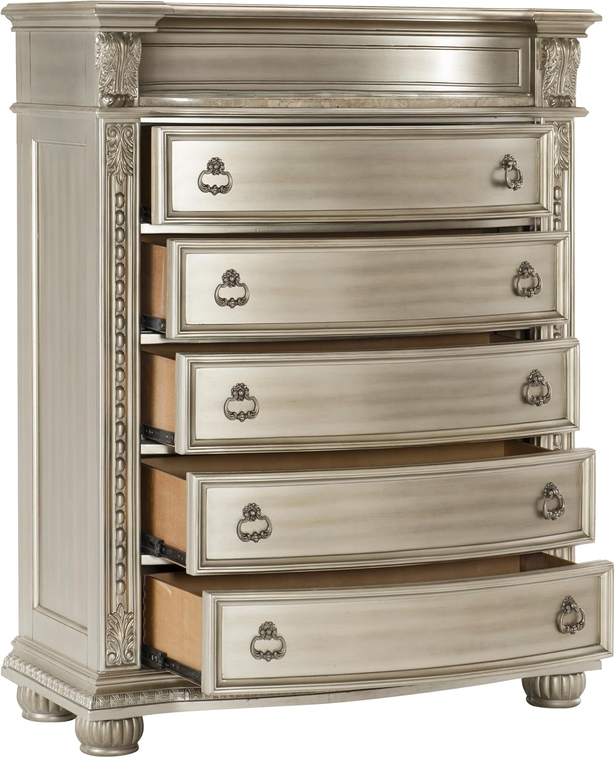 3PC Traditional Bedroom Set King Size Tufted Bed Silver Finish Classic Design Marble Top Formal Solid Wood Furniture