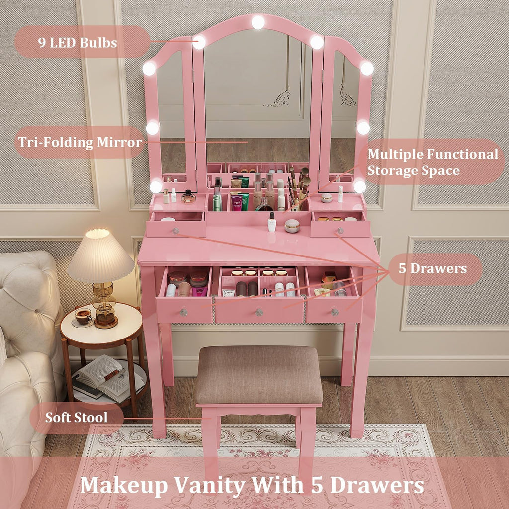 YIXHQ Vanity with Lights Girls Vanity Desk Set with Drawers Makeup Vanity Desk with Mirror and Lights Make Up Pink Makeup Vanity for Girls Table with Stool