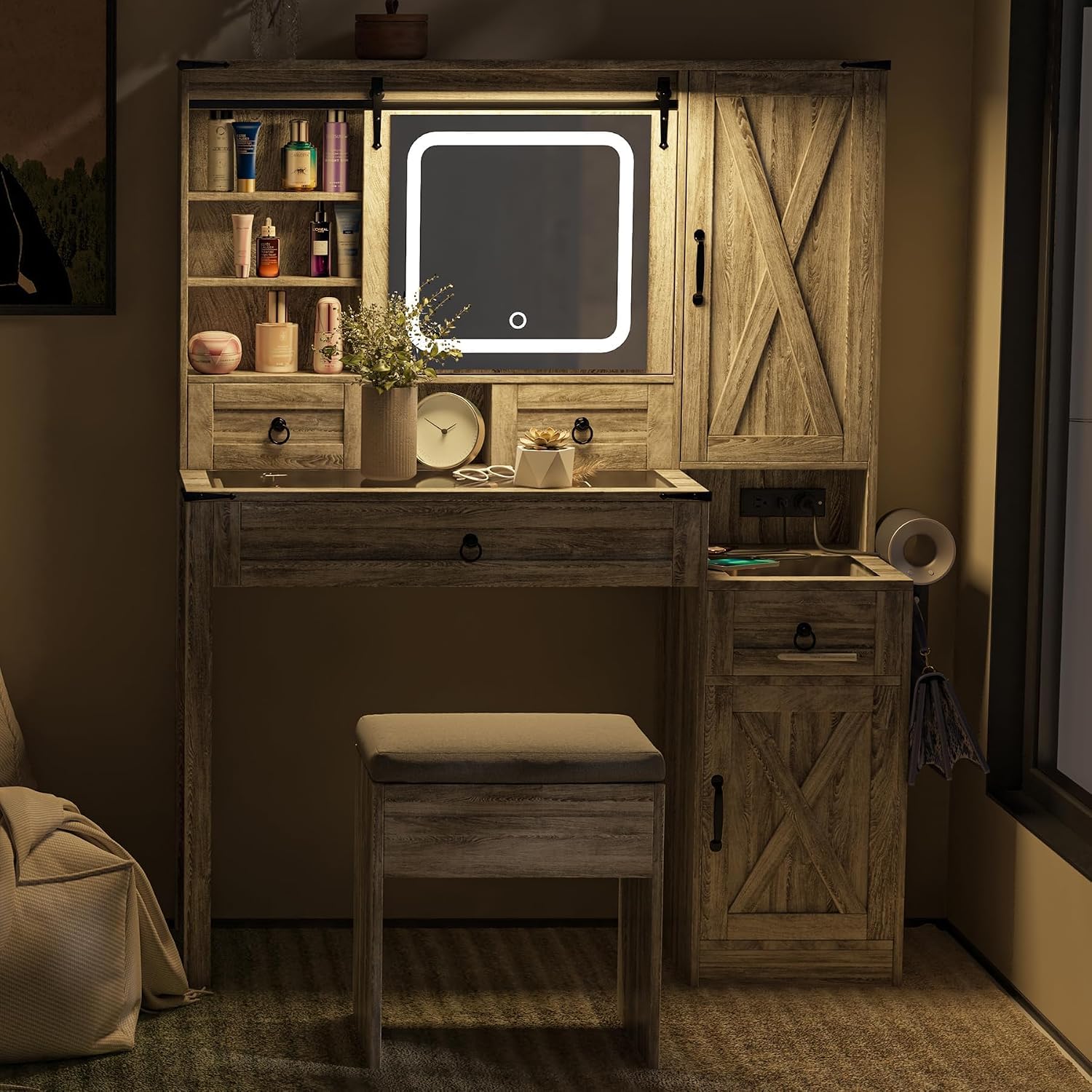 Farmhouse Vanity Desk with Mirror and Lights, 42' Makeup Vanity with Charging Station, 4 Drawers & Adjustable Shelves, Oak