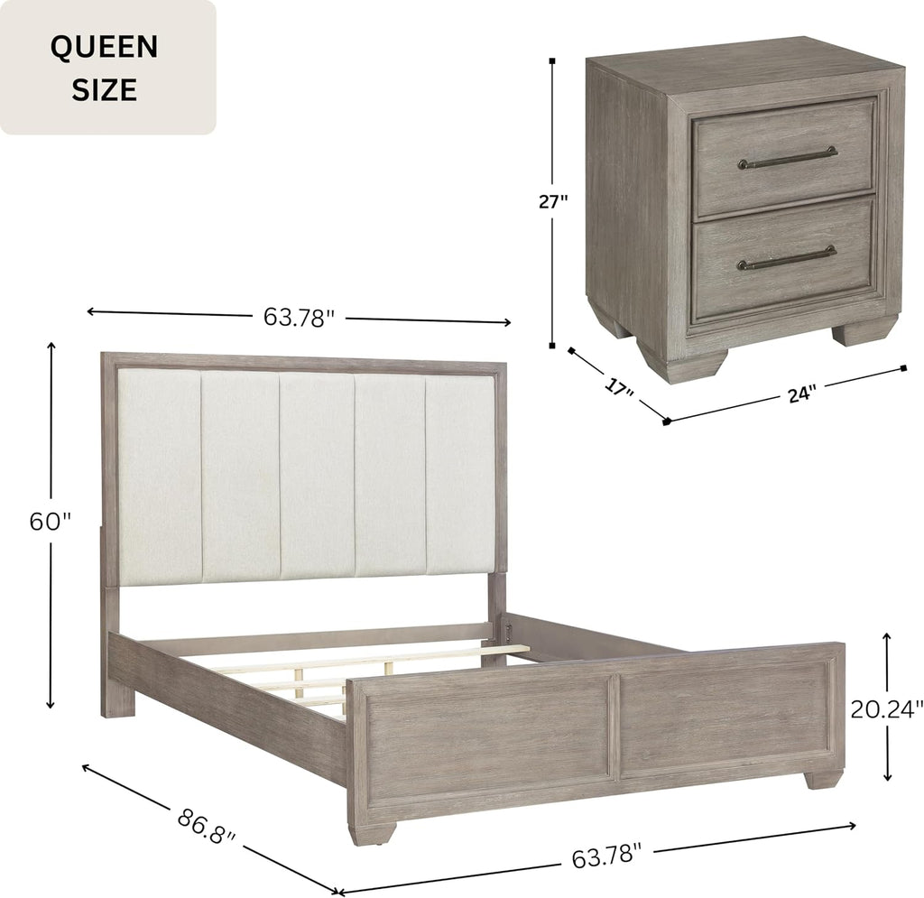 Roundhill Furniture Ennesley 3-Piece Gray Wood Bedroom Set, Upholstered Bed and 2 Nightstands, Queen