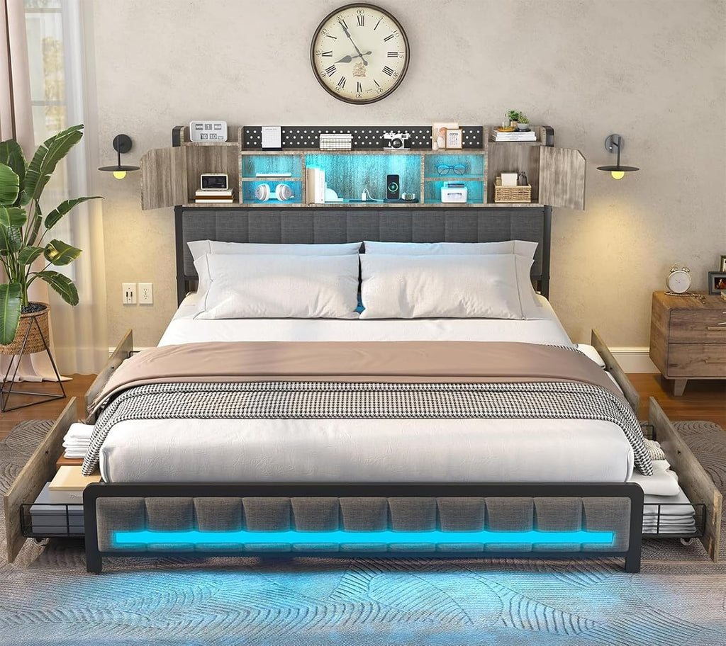 CSZZD Queen Bed Frame with 4 Storage Drawers and Bookcase Headboard, Upholstered Bed Queen Size with USB Charging Station & LED Lights, Metal Platform Bed with Storage, No Box Spring Needed, Oak Gray