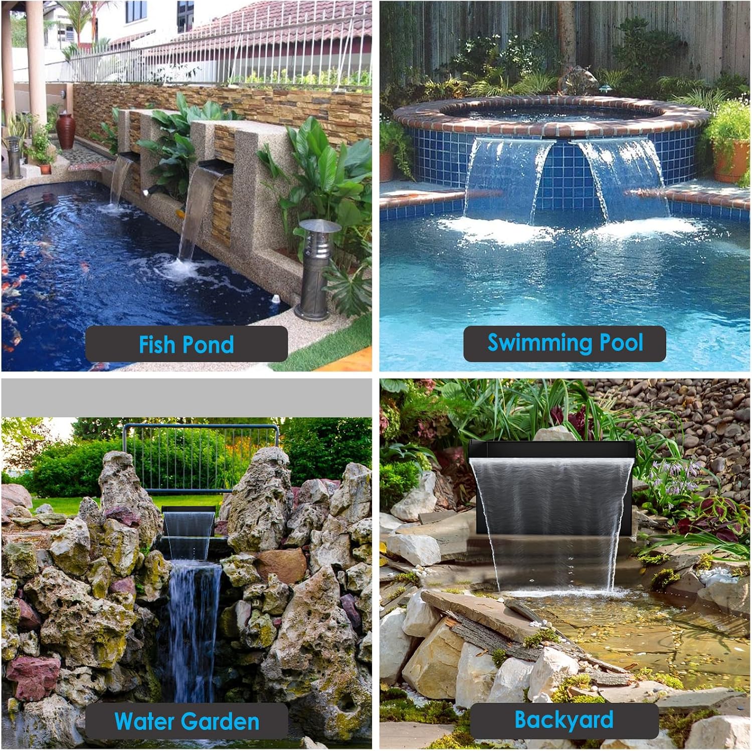 AquaMiracle All-in-1 Pond Waterfall Kit with LED Lights, 18' Stainless Steel Spillway with 800GPH Water Pump, Lighted Waterfall Fountain Outdoor for Water Garden, Backyard, Pool