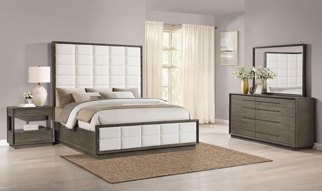 Coaster Home Furnishings Durango Transitional 4-Piece Bedroom Set Boucle Upholstered Eastern King Size Panel Bed Frame 80-inch Headboard Washed Oak 223271KE-S4