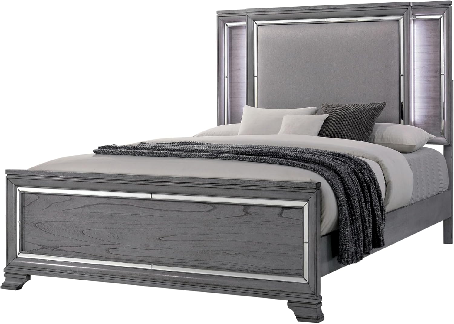 Furniture of America Zenka Wood Frame 3-Piece Bedroom Set, King-Size Bed with Lighted & Padded Headboard and 2-Drawer Nightstand, Felt-Lined Top Storage, Box Spring Required, Light Gray