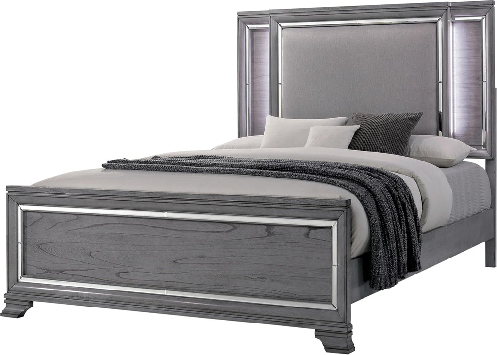 Furniture of America Zenka Solid Wood 2-Piece Bedroom Set, Queen-Size Bed with LED Light Trim and 2-Drawer Nightstand, Box Spring Required, Light Gray