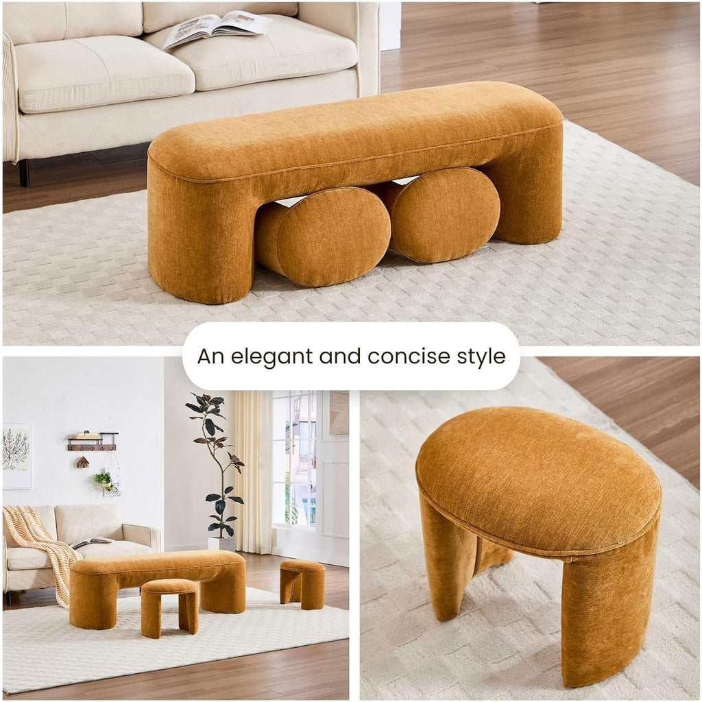 3-Piece Nesting Ottoman Bench Set, 53' Chenille Upholstered End of Bed Bench with 2 Foot Stools, Modern Space-Saving Entry & Vanity Stools for Living Room & Bedroom, Mustard Yellow