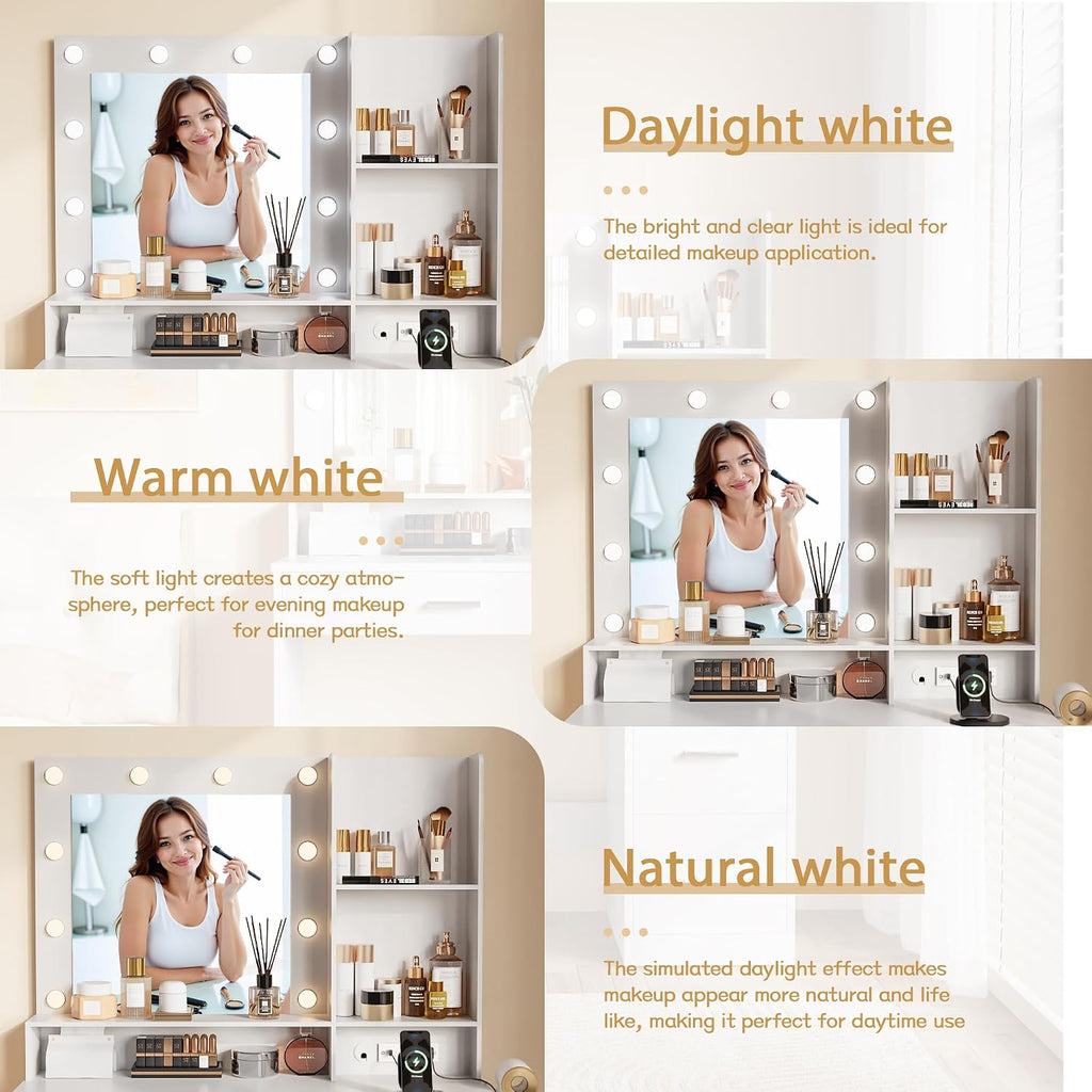 Furmax Vanity Desk with LED Lighted Mirror&Power Outlet, 39.3'' Makeup Vanity Table with 4 Drawers and 3 Storage Shelves, Adjustable 3 Lighting Colorfor Bedroom&Dressing Room (White)