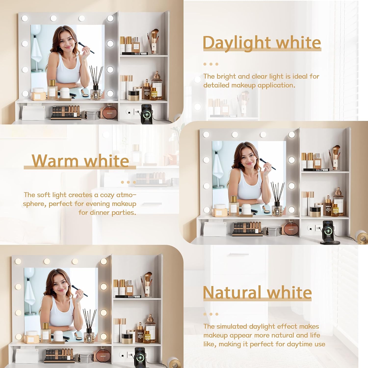 Furmax Vanity Desk with LED Lighted Mirror&Power Outlet, 39.3'' Makeup Vanity Table with 4 Drawers and 3 Storage Shelves, Adjustable 3 Lighting Colorfor Bedroom&Dressing Room (White)
