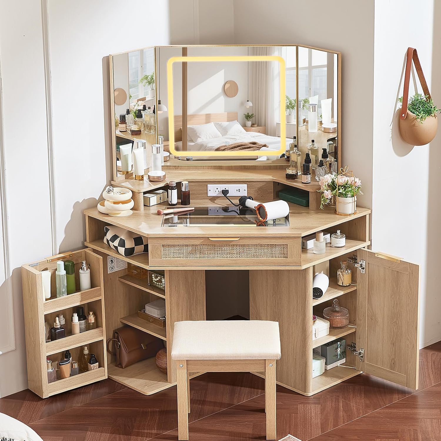 Lerliuo LEYAOYAO Fluted Makeup Vanity Desk with Mirror and Lights, 43.5'' Blue Vanity Table with Glass Top and Power Outlet, Make Up Vanity with 6 Drawers and Adjustable Shelves for Bedroom