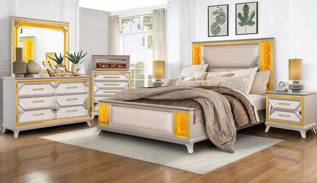 First of a Kind Claire Traditional 4 Piece King Bedroom Set with Upholstered Tufted Headboard Elegant European Inspired Design Coordinated Furniture Collection