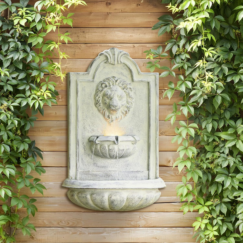 Lion Head Wall Hanging Fountain, 27.5' H Classic Outdoor Wall-Mounted Water Feature, Resin Antique Garden Wall Fountain with LED Light & Water Basin for Patio, Porch, Yard & Courtyard Décor