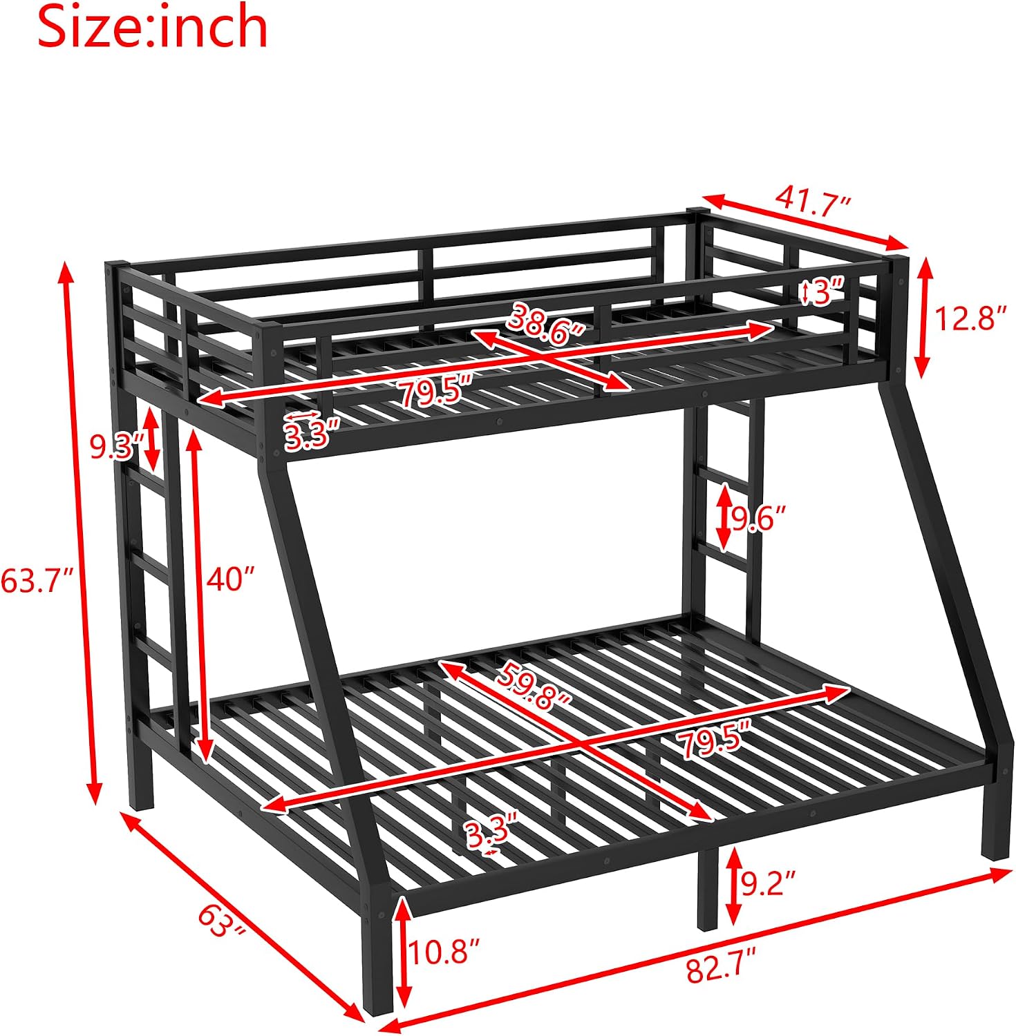 Bellemave Bunk Bed Twin XL Over Queen, Heavy Duty Metal Queen Bunk BedFrame for Adults, Black