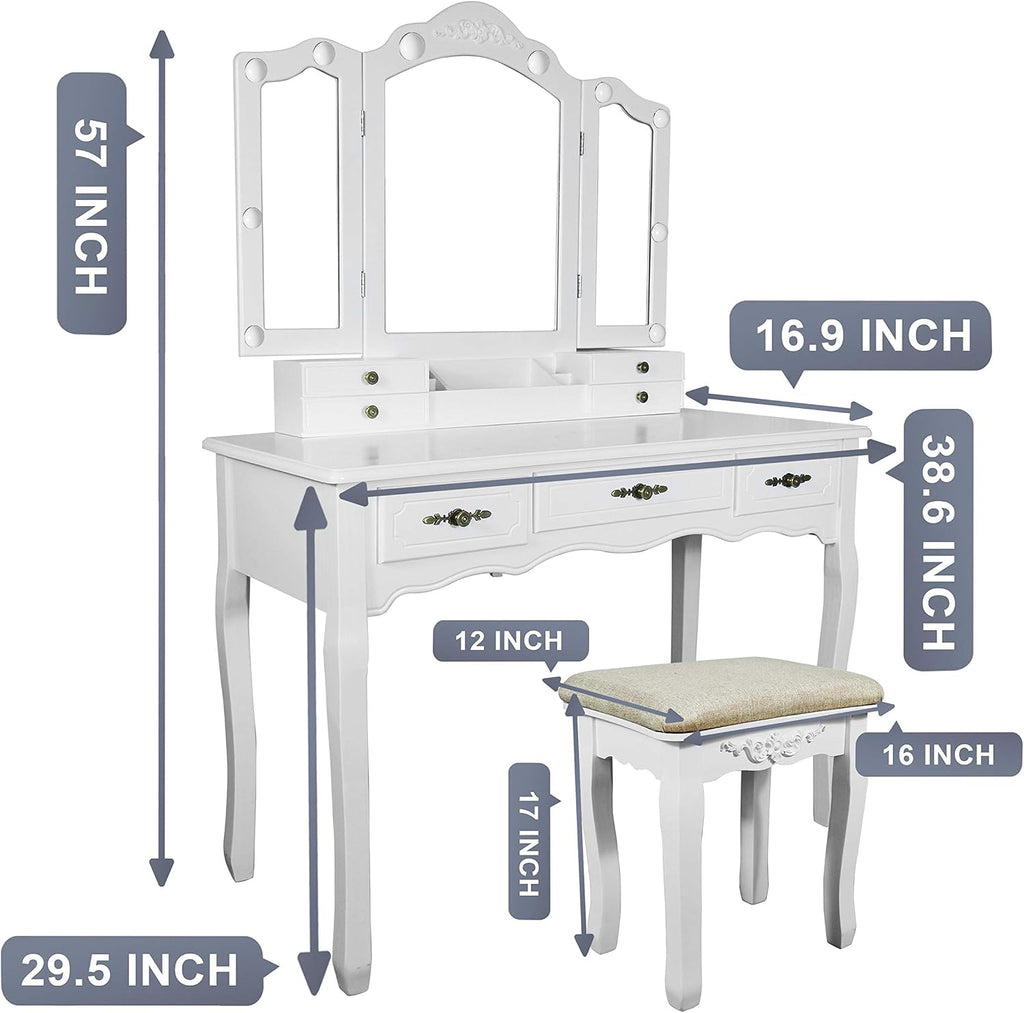 ENSTVER Vintage Vanity Set with 10 Hollywood LED Light Bulbs, Makeup Table with Stool and Mirror, Antique Vanity 6 Organization 7 Drawers, Dressing Table for Bedroom, Victorian Vanity Pure White