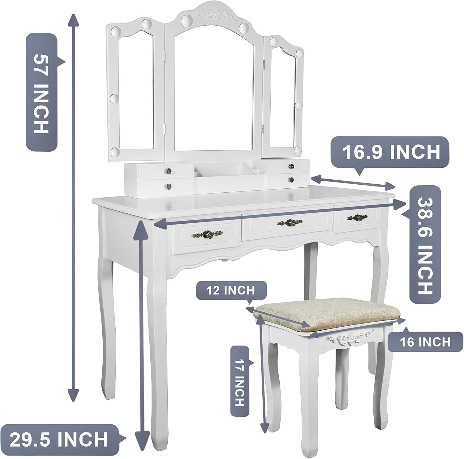 ENSTVER Vintage Vanity Set with 10 Hollywood LED Light Bulbs, Makeup Table with Stool and Mirror, Antique Vanity 6 Organization 7 Drawers, Dressing Table for Bedroom, Victorian Vanity Pure White