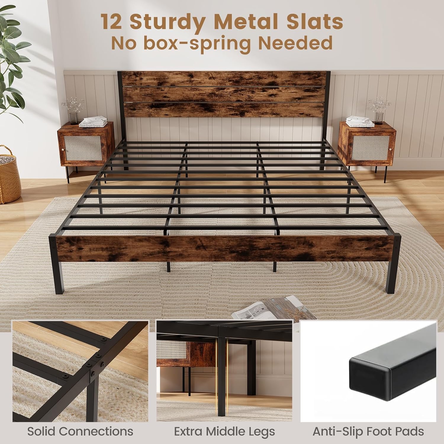 GOFLAME King Size Bed Frame, Metal Platform Bed with Under-Bed Storage Space & Slatted Headboard, Industrial Bed Base, No Box Spring Needed Mattress Foundation, Rustic Brown