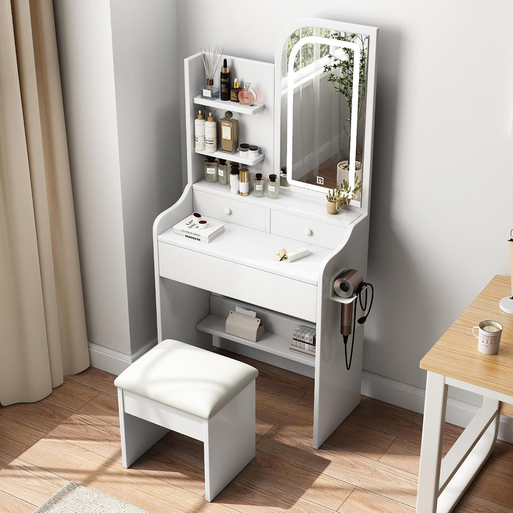 Small Makeup Vanity Desk with Mirror and Lights, Vanity Table Set with Storage Drawer, 3 Lighting Colors, Dressing Table for Bedroom, White
