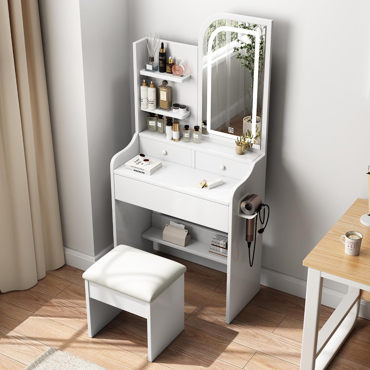 Small Makeup Vanity Desk with Mirror and Lights, Vanity Table Set with Storage Drawer, 3 Lighting Colors, Dressing Table for Bedroom, White