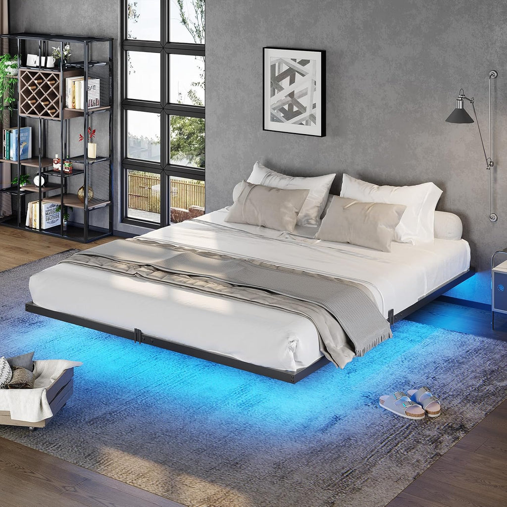 DICTAC Floating Bed Frame California King Size with LED Lights, Metal Platform Cal King Bed with Heavy Duty Steel Slats and 4 Mattress Slide Stopper, Black