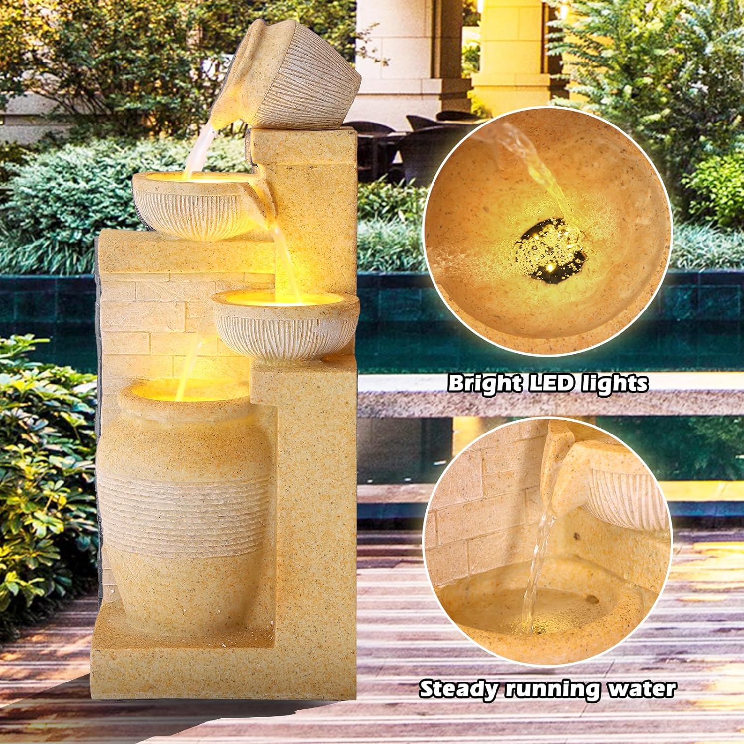 Grepatio Outdoor 4-Tiers Water Fountain, Garden Cascading Waterfalls Fountain with LED Lights, 32'H Modern Indoor/Outdoor Bowl Waterfall Feature Water Fountains for Garden, Patio, Yard Decor (Yellow)