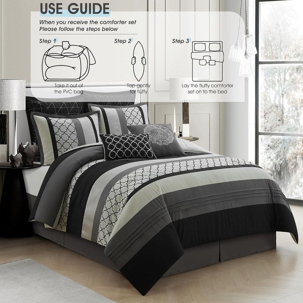 LANCO MODERN LIFESTYLE California King Comforter Set, Black Gray Bedding Set, Jacquard Woven with Embroidery, 8 Pieces Bed in a Bag, Bed Skirt, Shams and Decorative Pillows