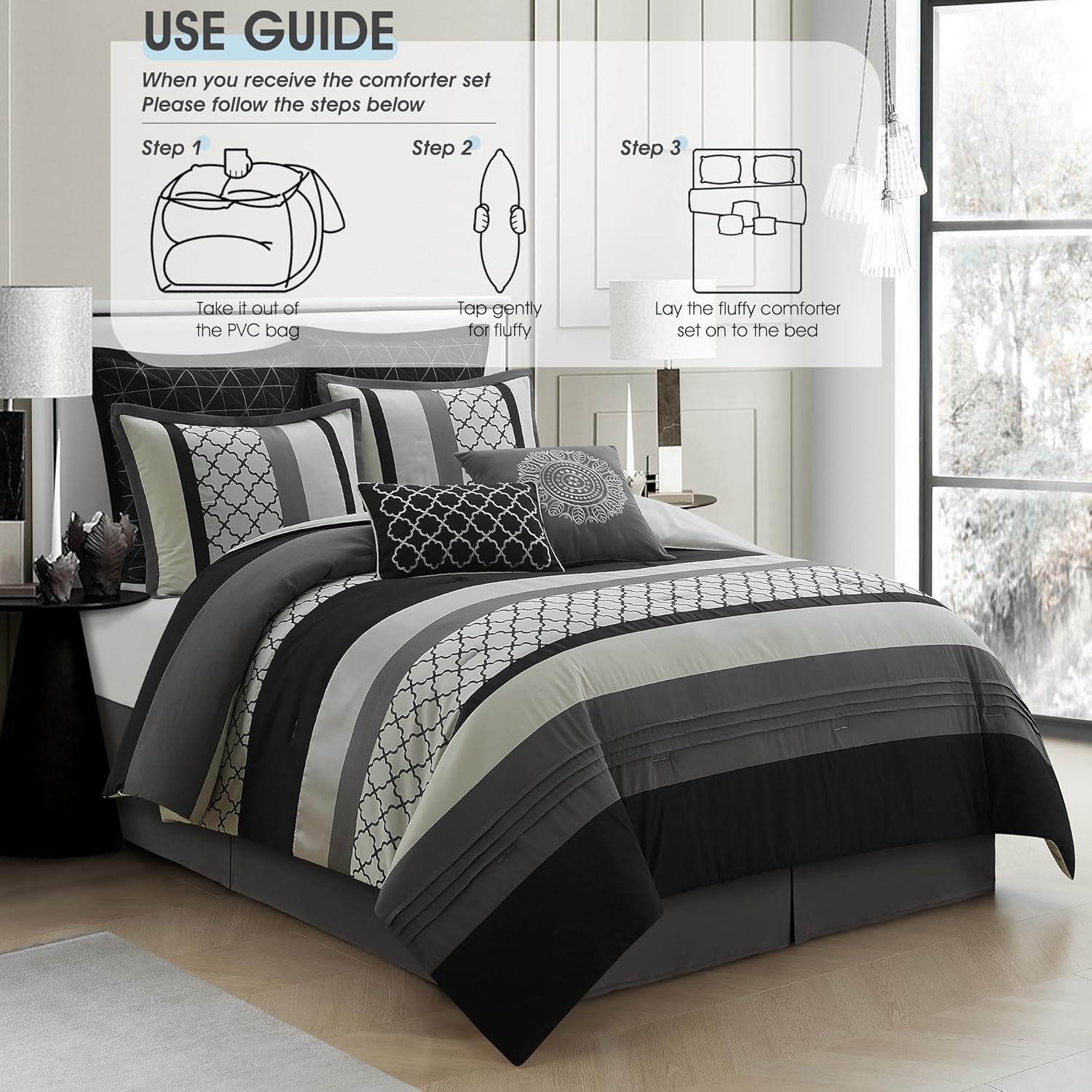 LANCO MODERN LIFESTYLE California King Comforter Set, Black Gray Bedding Set, Jacquard Woven with Embroidery, 8 Pieces Bed in a Bag, Bed Skirt, Shams and Decorative Pillows