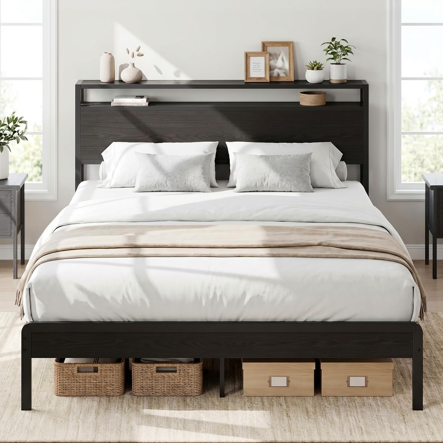 LIKIMIO Queen Bed Frame with Headboard, Dark Wood Camas Queen with Strong Supports, Sturdy, Noise-Free, No Box Spring Needed, Classic Black