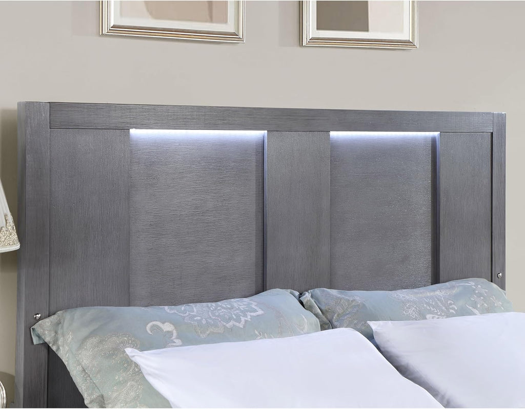 Furniture of America Del Rio Wood Frame 3-Piece Bedroom Set, King-Size Bed with Lighted Headboard & Drawers and 2 Nightstands, Mattress Ready, Gray