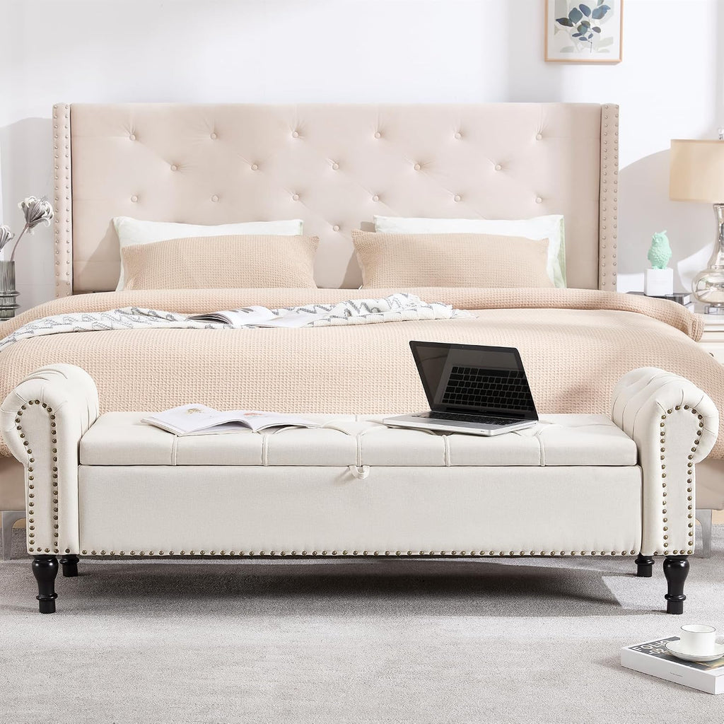 67 Inch Storage Bench for Bedroom, King Size End of Bed Bench, Upholstered Bench with Rolled Arms, Linen Tufted Button Storage Ottoman Benches, Living Room, Entryway, Beige