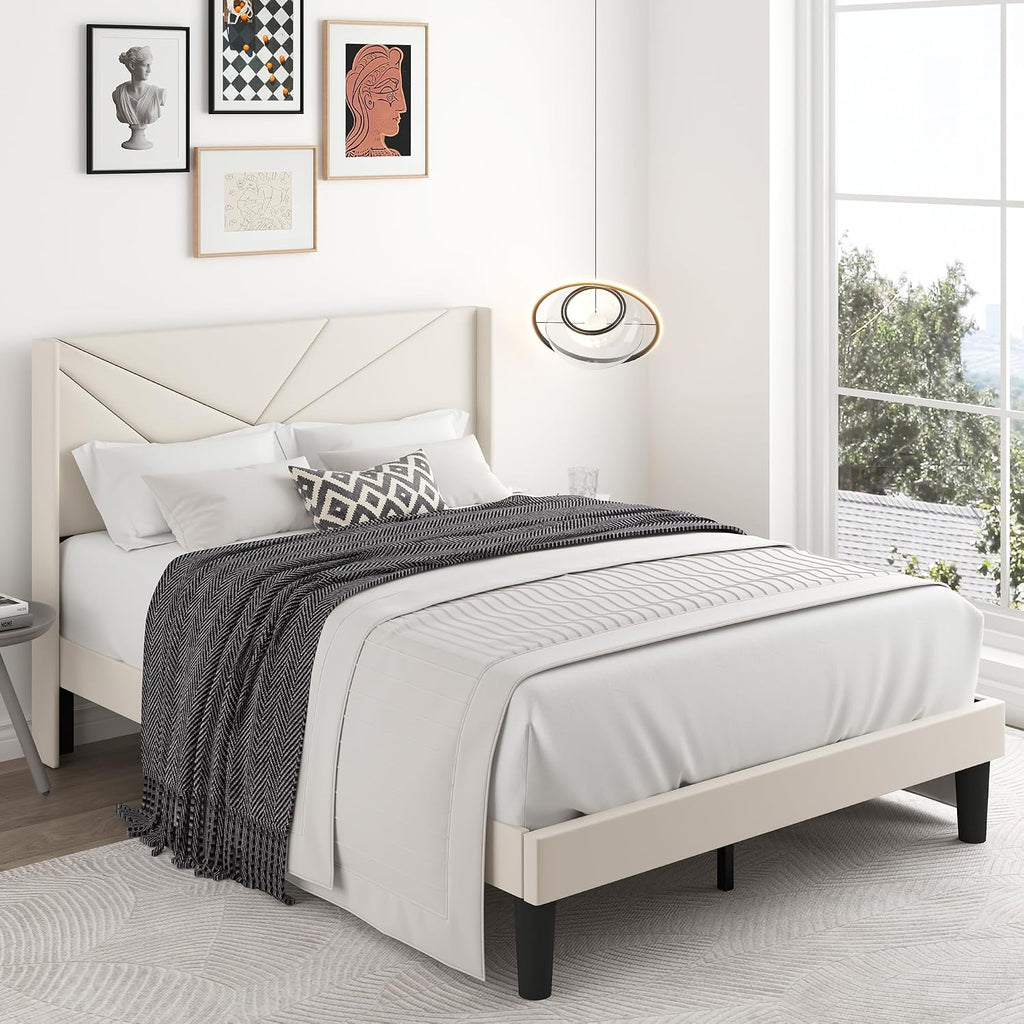 Full Size Bed Frame with Upholstered Wingback Headboard, Easy Assemnly Platform Bed and Heavy Duty Wooden Slats Support, Noise-Free, No Box Spring Needed (Cream, Full)