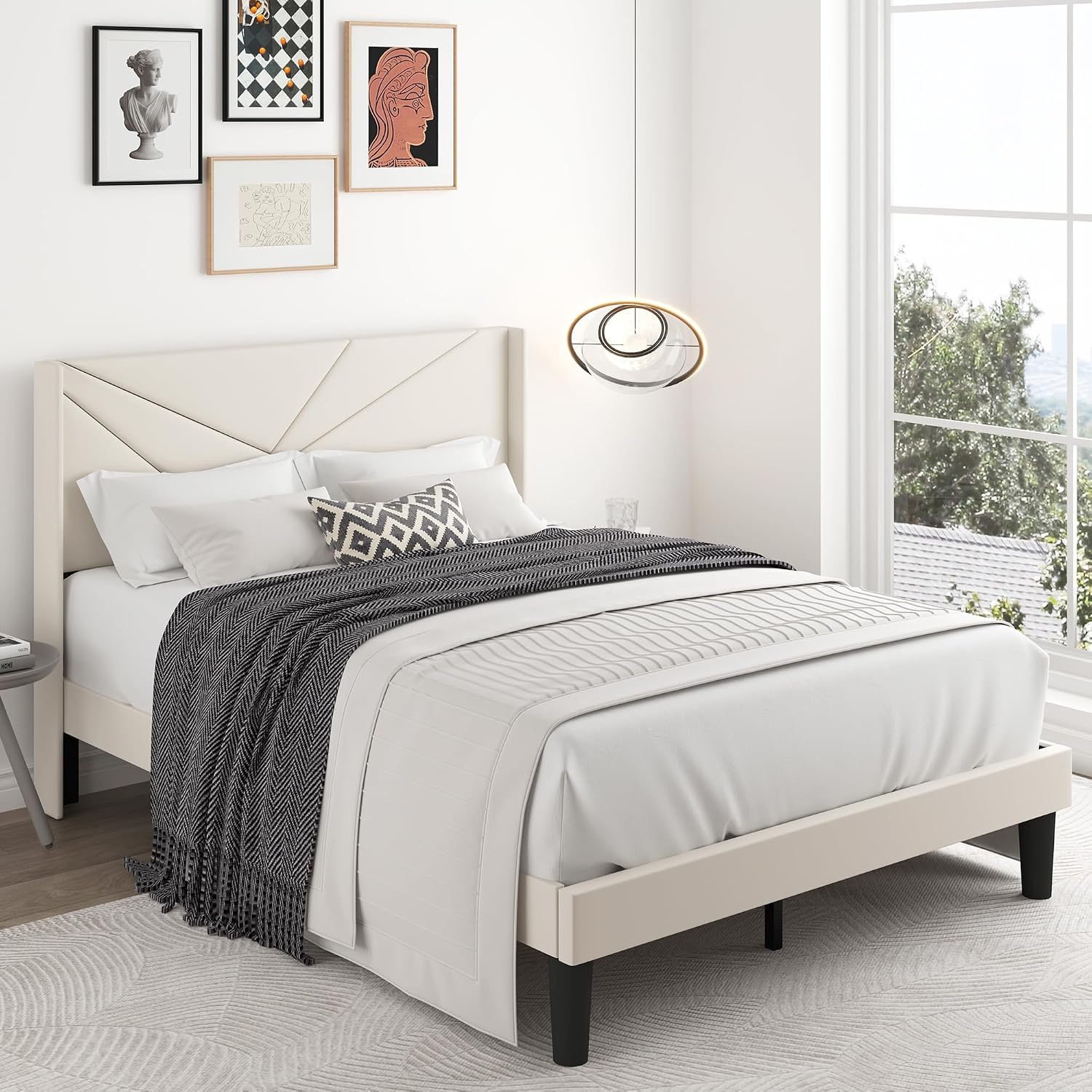 Full Size Bed Frame with Upholstered Wingback Headboard, Easy Assemnly Platform Bed and Heavy Duty Wooden Slats Support, Noise-Free, No Box Spring Needed (Cream, Full)